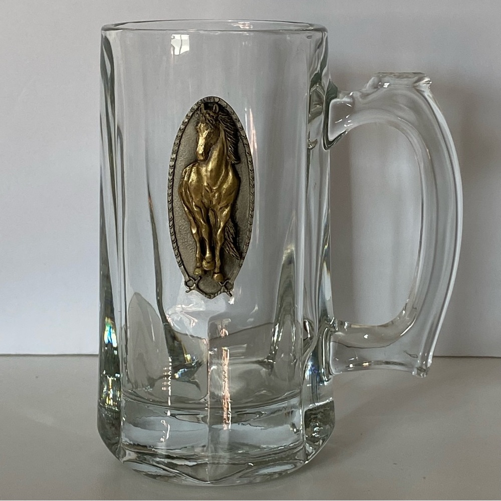 Beer Mug Stein Horse Pewter Medallion Equestrian Glass EUC Vintage